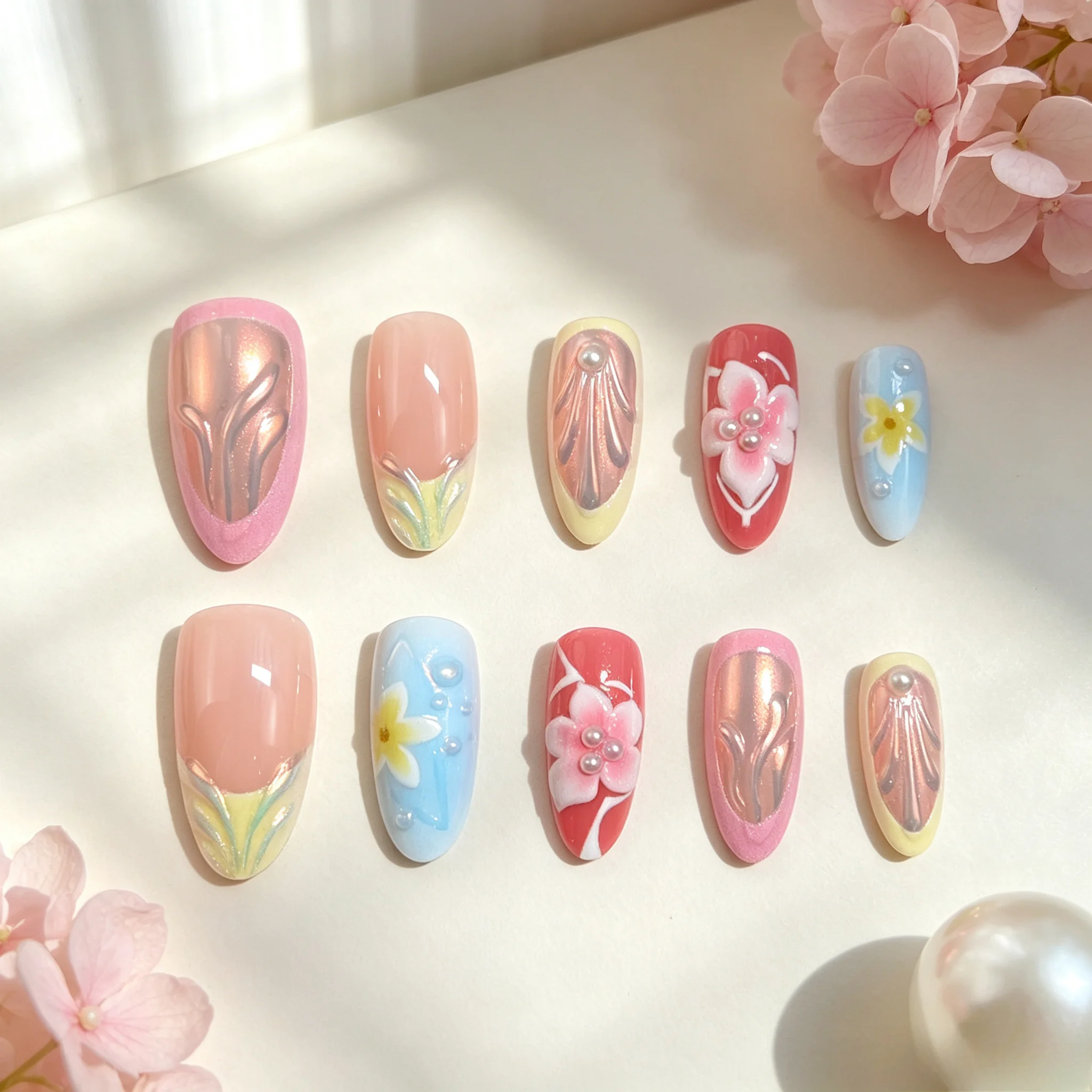 10Pcs Medium Almond Handmade Press On Nails Gift Box, Multicolor Gradient 3D Floral Shell Texture Pearl Rhinestone Design Reusab