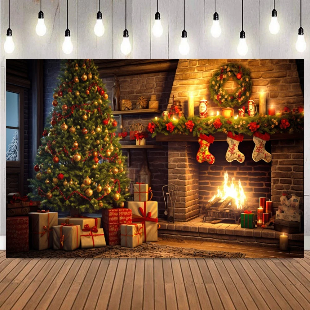 

Christmas Theme Photography Backdrop Indoor White Fireplace Gifts Socks Wood Floor Xmas Tree Family Party Background Photo Props