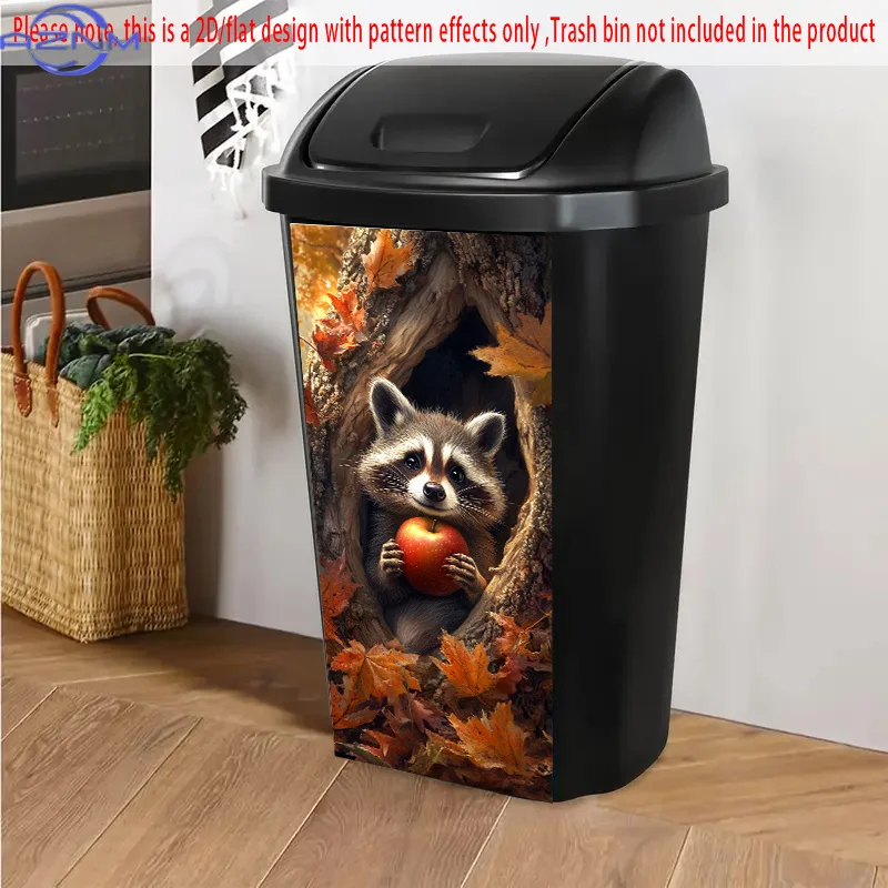 1pc of 2D/Flat, Self-Adhesive Stickers for Trash Bins, Measuring . Features a Raccoon Peering from a Tree Hollow, Clutching a
