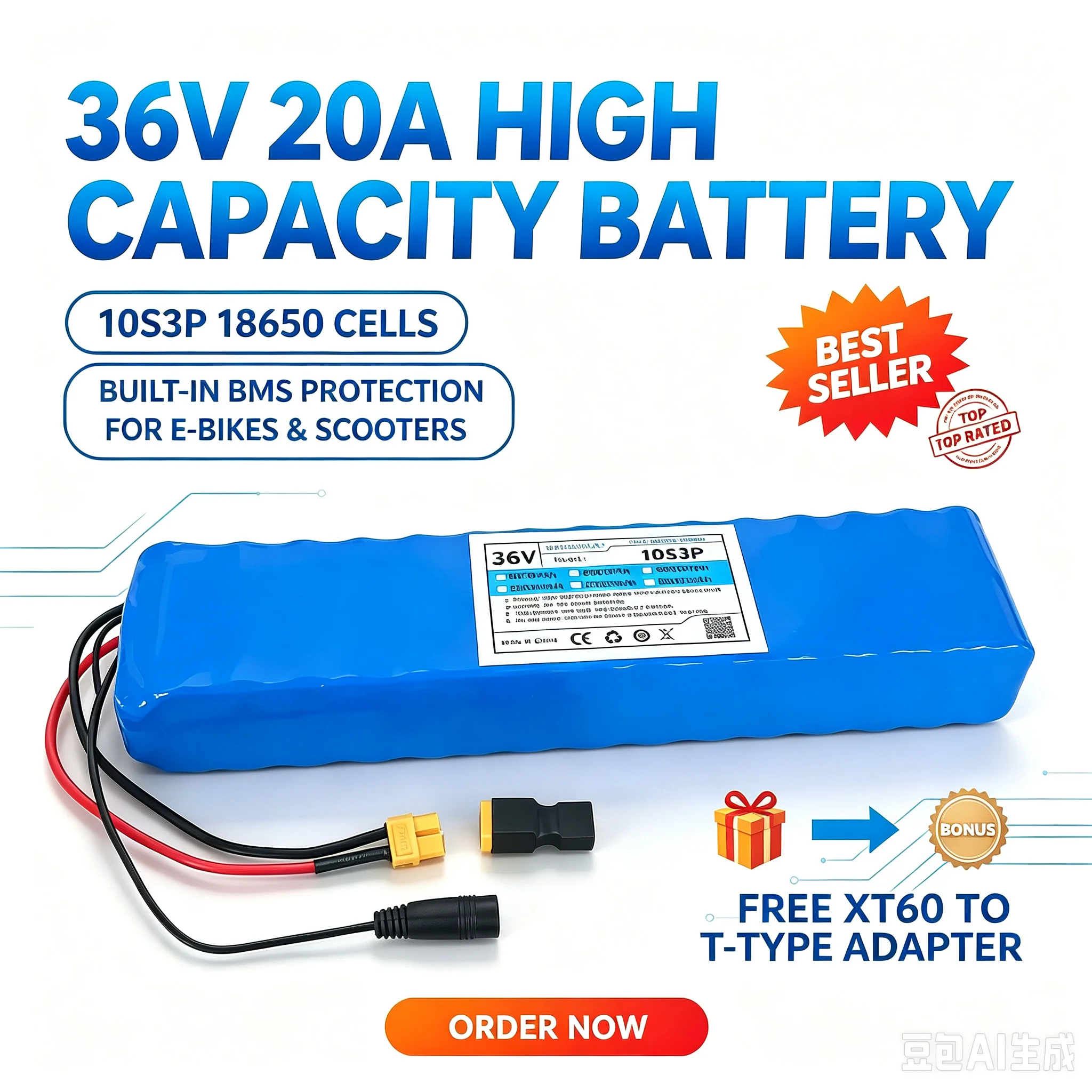 Batteria al litio Daweikala 36 Volt 20Ah, 10 stringhe 3 parallele 18650, 42 Volt 350 Watt~750 Watt, specifica per biciclette/scooter, con connettore Xt60+Dc e circuito di protezione integrato -