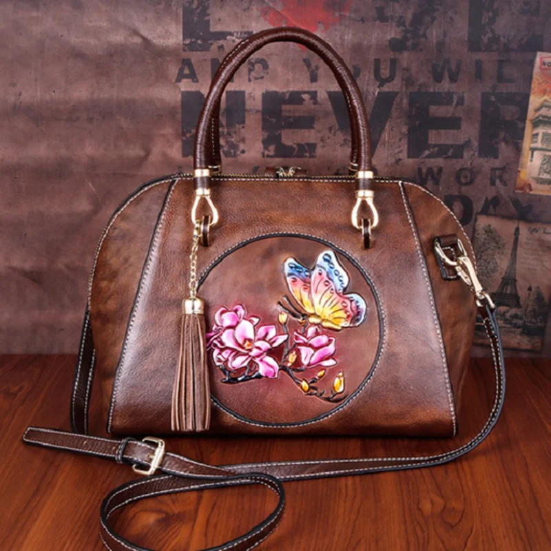 Women Shoulder Crossbody Genuine Leather Bag Cowhide Floral Butterfly Pattern Retro Female Handbag Messenger Tote Embossed Bags