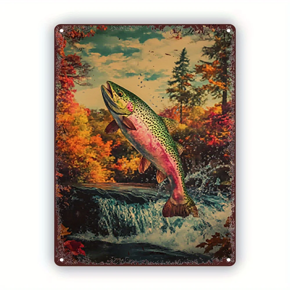 [Vintage Regenbogenforellen-Wandkunst] Vintage Wandkunst |   Rustikales Regenbogenforellen-Metallschild – Herbstliches springendes Fischdesign mit lebendigem