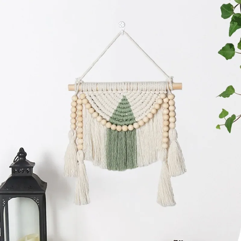 Nordic Minimalist Weave Tapestry Handcrafted Green White Wood Bead Wall Art for Living Room Study Bedroom Cotton Hanging Decor