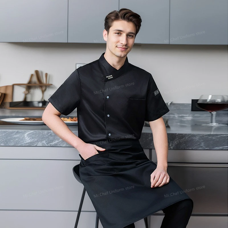 Sommer Männer Schwarz Chef Uniform Schürze Restaurant Kurzarm Chef Shorts Jacke Küche Atmungsaktive Chef Mantel Arbeit Kleidung Logo