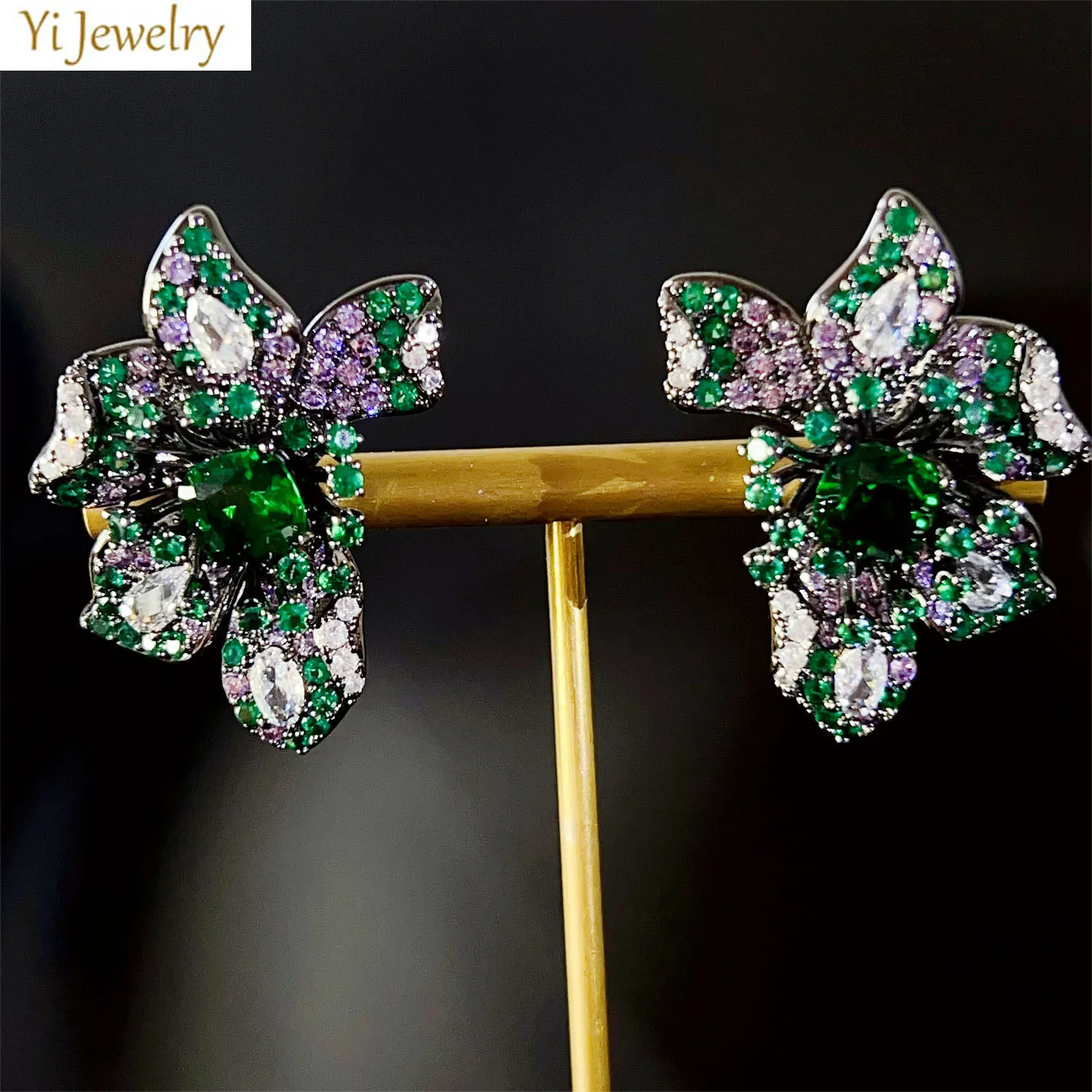 

sweet flower earrings yellow green blue zirconia luxury jewelry women stud earrings symmetrical dinner party jewelry