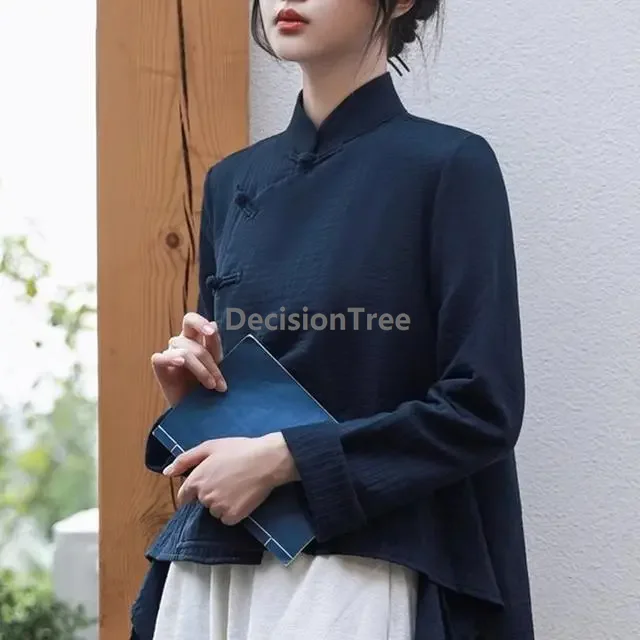 2026 stand collar long sleeved chinese cotton linen tops buckle qipao top improved ethnic style retro zen temperament tea top