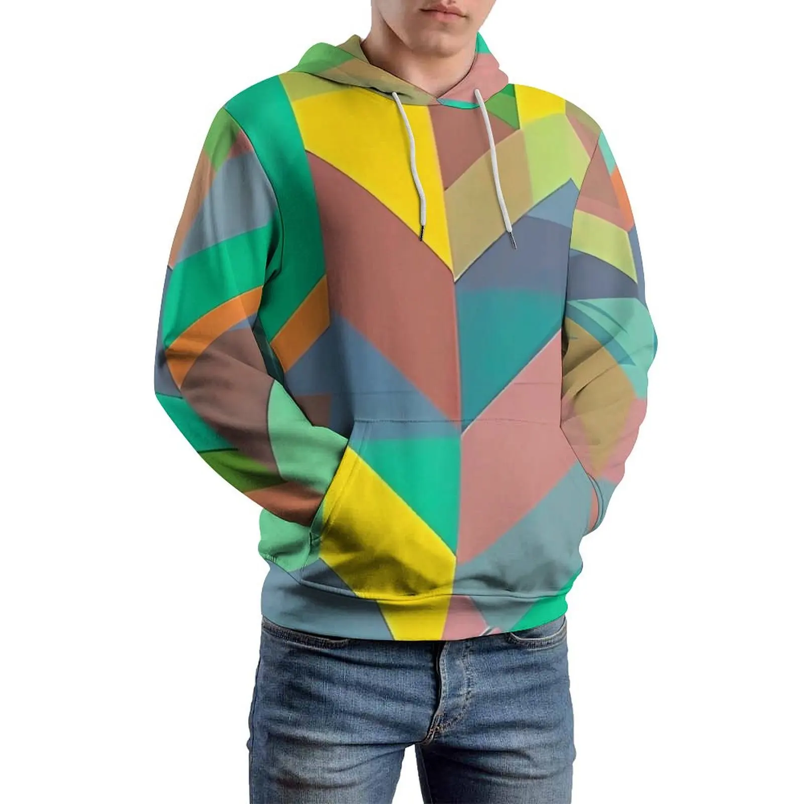 Bluzy z nadrukiem Colorblock z długim rękawem Geometryczna bluza z kapturem Retro Casualowa bluza z kapturem Winter Street Style Oversized Pattern Luźne bluzy