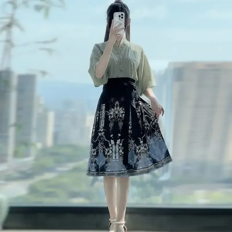 

Летняя рубашка с короткими рукавами и перекрестным воротником династии Сун, средней длины, юбка с конским лицом, женский улучшенный японский костюм ханьфу