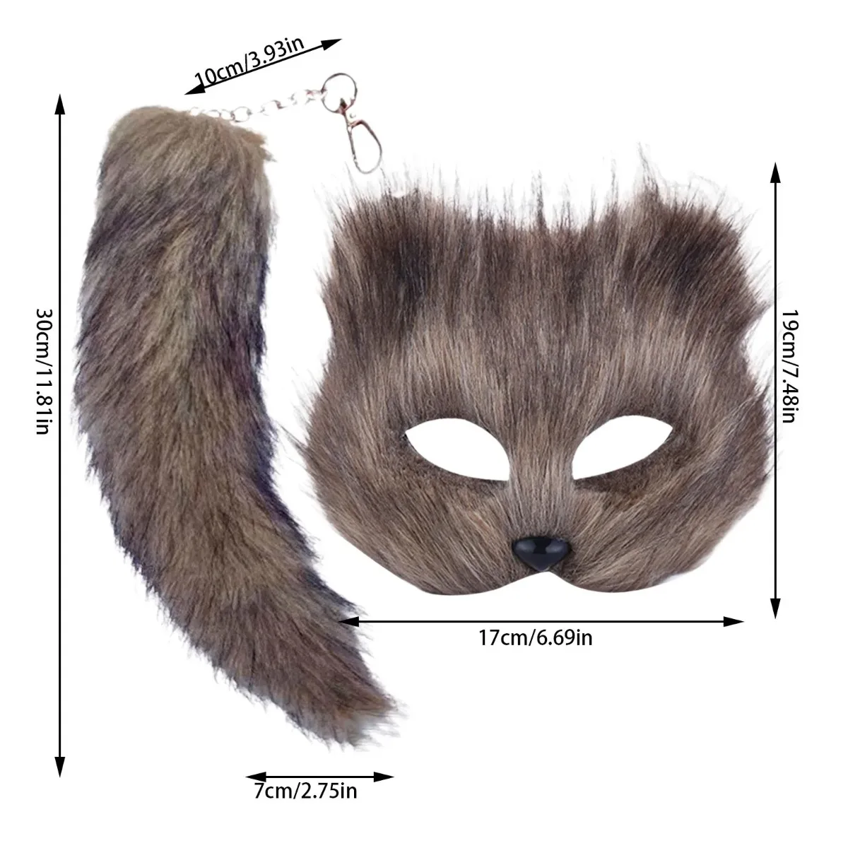 Therian Mask and Tail Set Halloween Cosplays Costume Accessorie Cats Mask Tail Half Face Faux Furs Foxes Tail Cats Mask PH034