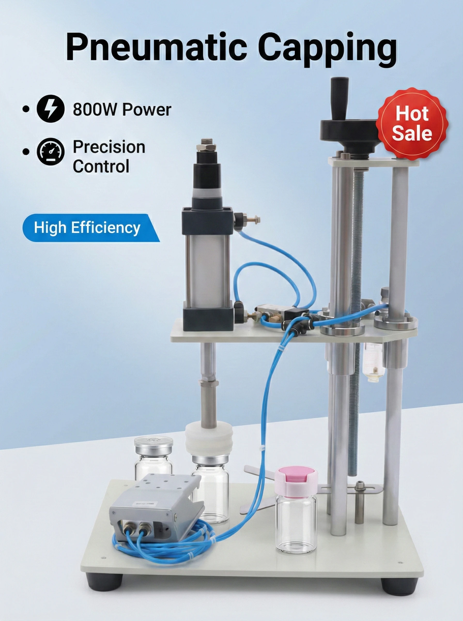 

800W Pneumatic Capping Machine For 10-50mm Caps Adjustable Height Desktop Bottle Sealer Foot Pedal Operated Automatic Crimper