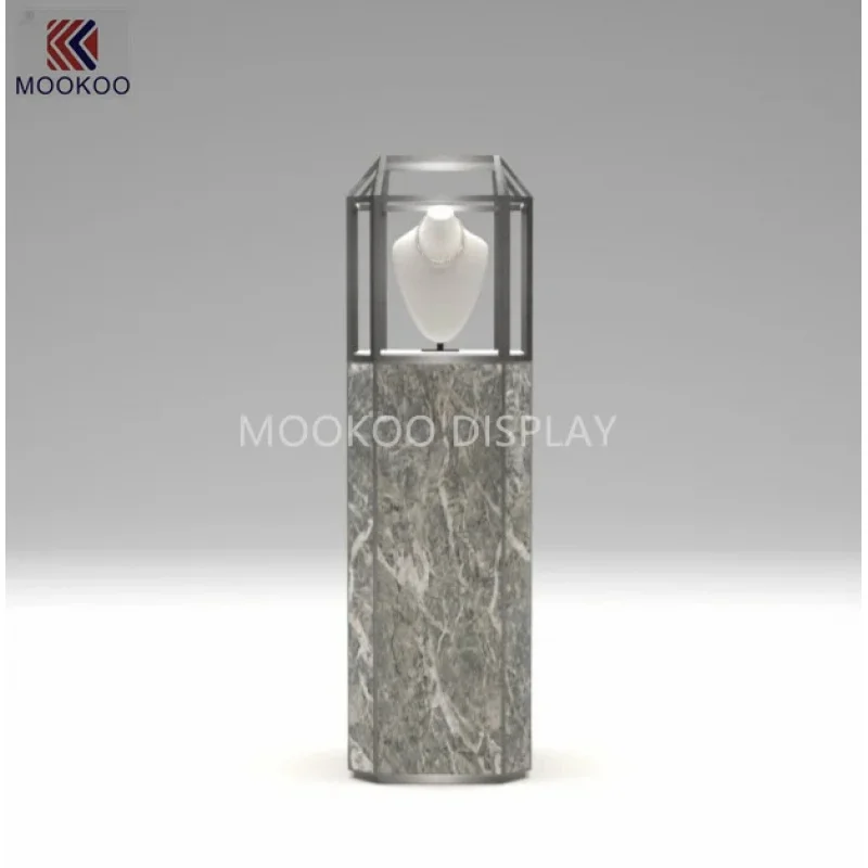 custom.Luxury Hexagonal Metal Frame LED-Lit Jewelry Display Pedestal (Marble/Black) High-End Jewelry Stores