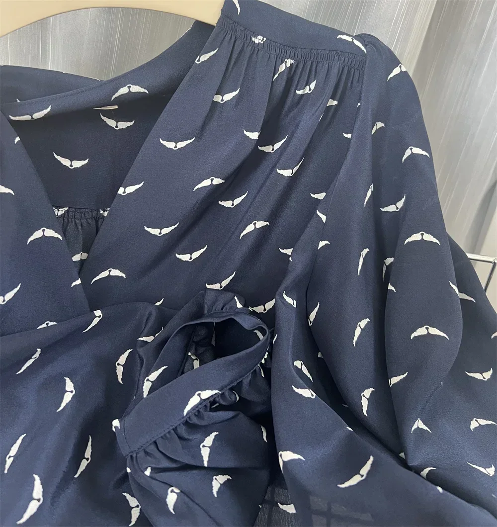 

Women 100% Silk Shirt V-neck Print Long Sleeve Single Breasted Female Spring Summer Blouses 2023 New