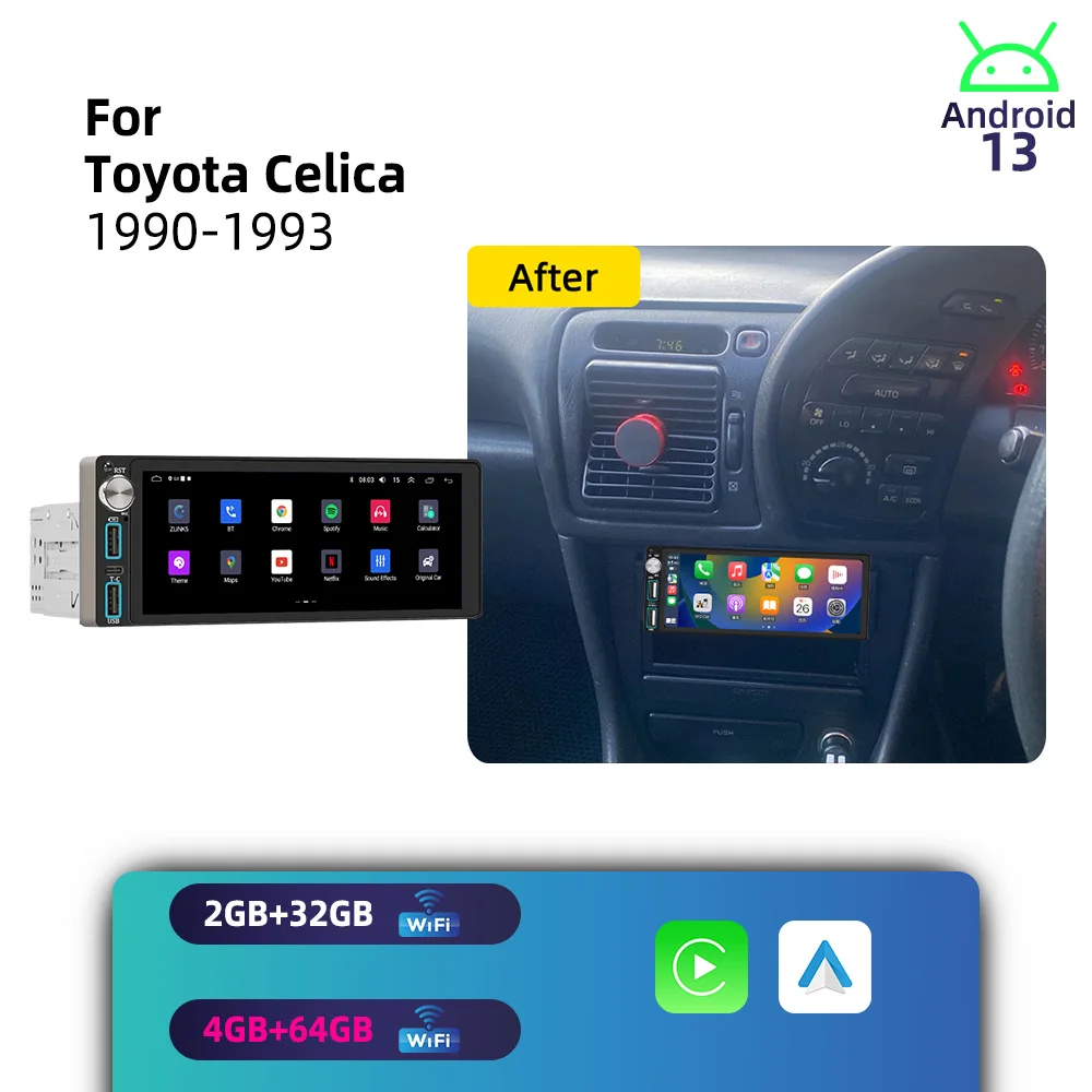 Wireless Carplay Android for Toyota Celica 1990-1993 1Din Car Stereo GPS Navigation Multimedia Autoradio Radio Head Unit