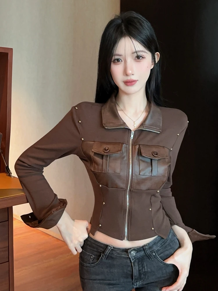 Slim Fit Longo Sve Fce Forrado Casaco Or Vintage Couro Patchwork Embelezado Zíper Design Feminino Faion Outerwear