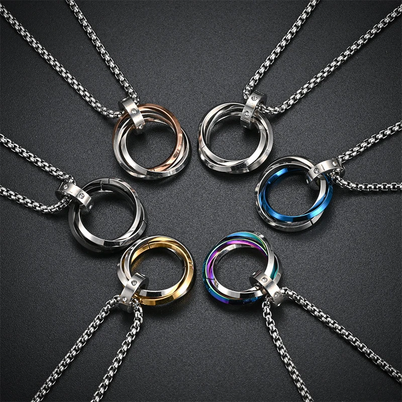 Fashion Men Necklace 3 Round Ring Stainless Steel Pendant Necklaces For Women Silver Color Chain Hiphop Rock Jewelry Accessories