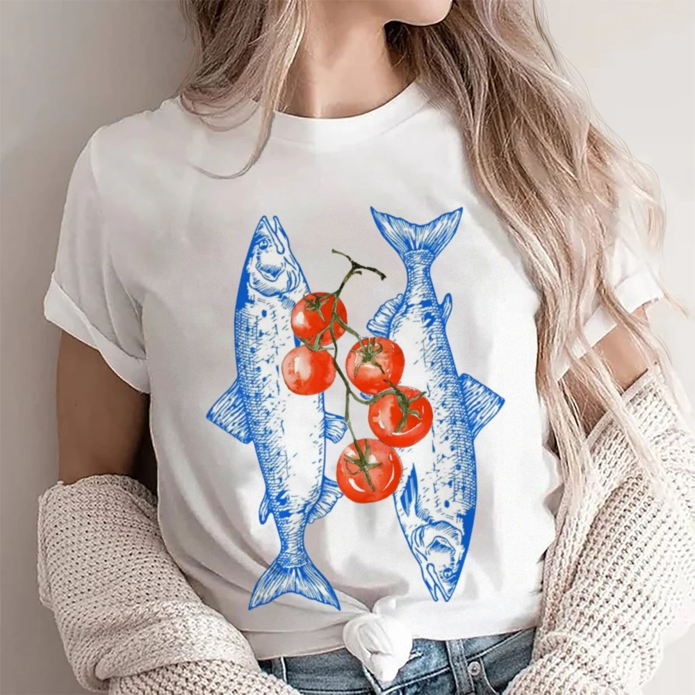 

Graphic T-shirt Fish Tomato T-shirt All Cotton High Quality Oversize Colorful T-shirt Blue Fish Print Marine Y2K Trend