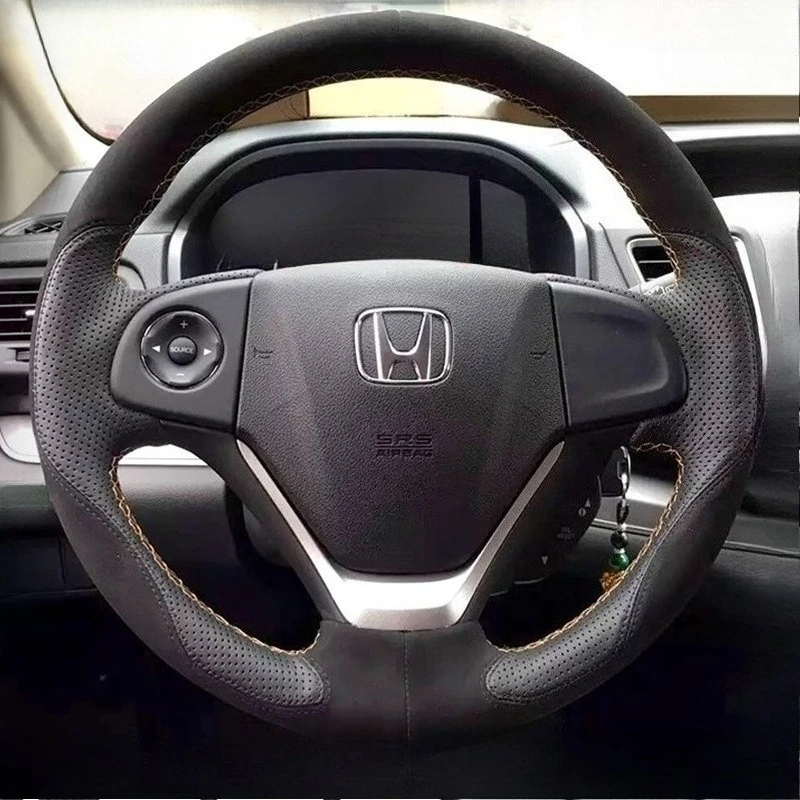 For Honda CR-V CRV 2012 2013 2014 2015 2016 Hand Stitched black Genuine Leather suede Non-slip Car Steering Wheel Cover