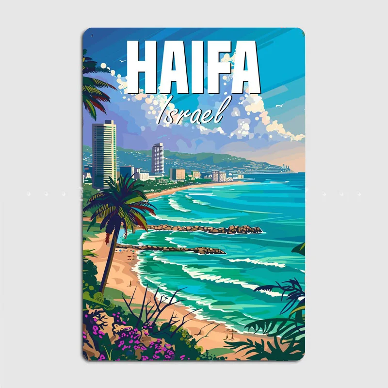 Travel to Haifa Israel Scenic Spot Vintage Poster Metal Sign Automobile Club Garage Room Decor Tin Home Decor