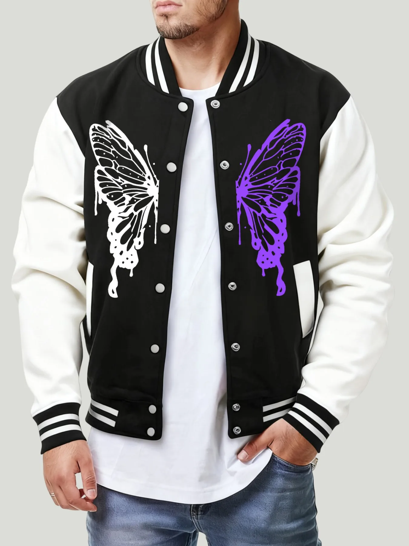 

White Purple Creative Hollow Butterfly Printed Men Jacket Y2K Fashion Streetwear Autumn Casual Fleece Loose Baseball Jersey