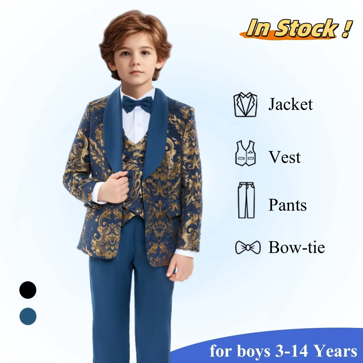 

Christmas Suit Boy Slim Fitting Paisley Suits - Dapper 4 Pieces Tuxedo Pants - Bowtie Included - Children Wedding Party Outfit