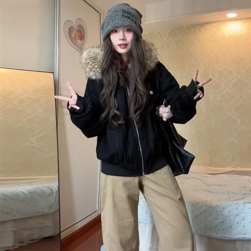 

Autumn Winter Cotton Padded Jacket Women Outerwear Thick Warm Short Coat Female Hooded Long Sleeve Fur Collar Parkas