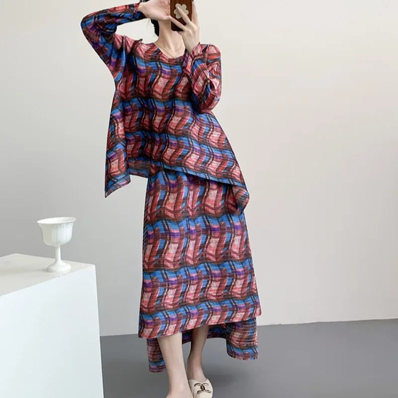 

Miyake Pleated Women's T-Shirt 2026 New Horizontal Rainbow Top Long Sleeve A-line Half Skirt Fashion Large Size Japanese Set