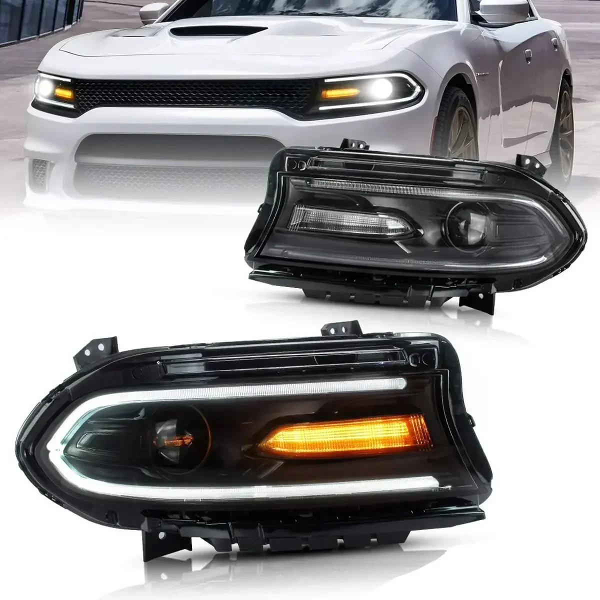 Projectors Led Headlight Compatible with Dodge Charger 2015-2023(Not Fit Xenon Models) w/Dual Beam Lens LHD Passenger+Driv