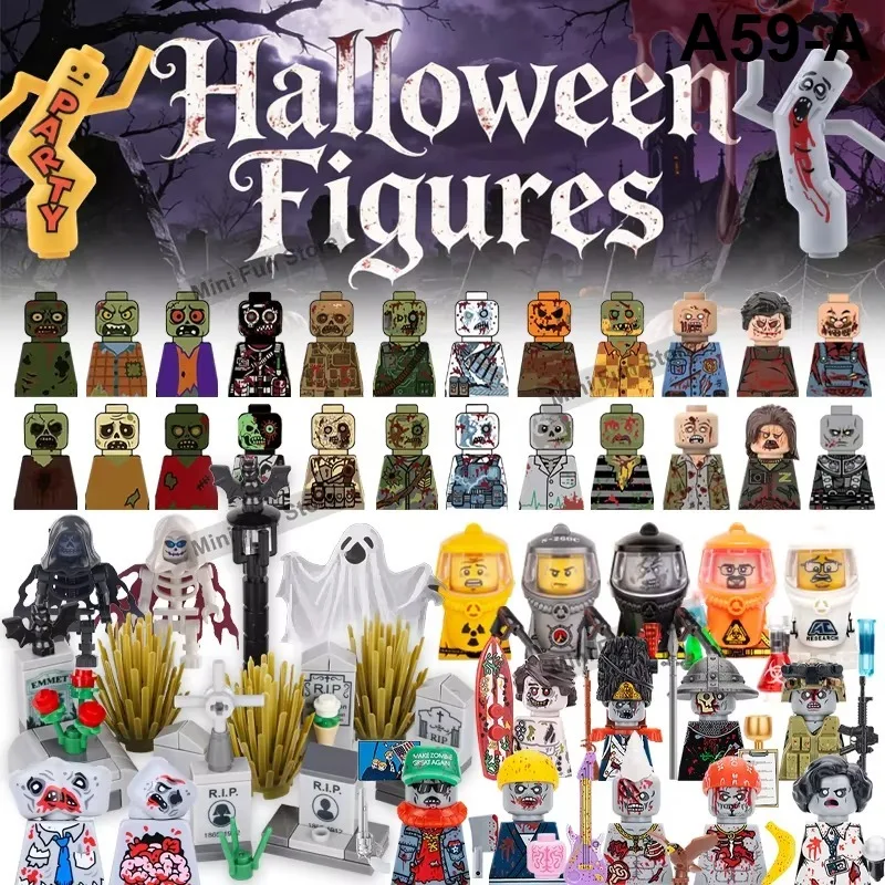 MOC Halloween City Horror Figures Building Blocks Ghost Skeleton Pumpkin Cemetery Tombstone Printed Parts DIY Bricks Toys Gifts