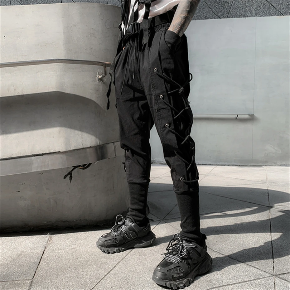 Mannen Y2K Cargo Broek Trekkoord Techwear Ninja Jogger Broek Zwart Mode Streetwear Harembroek Punk Joggingbroek Broek