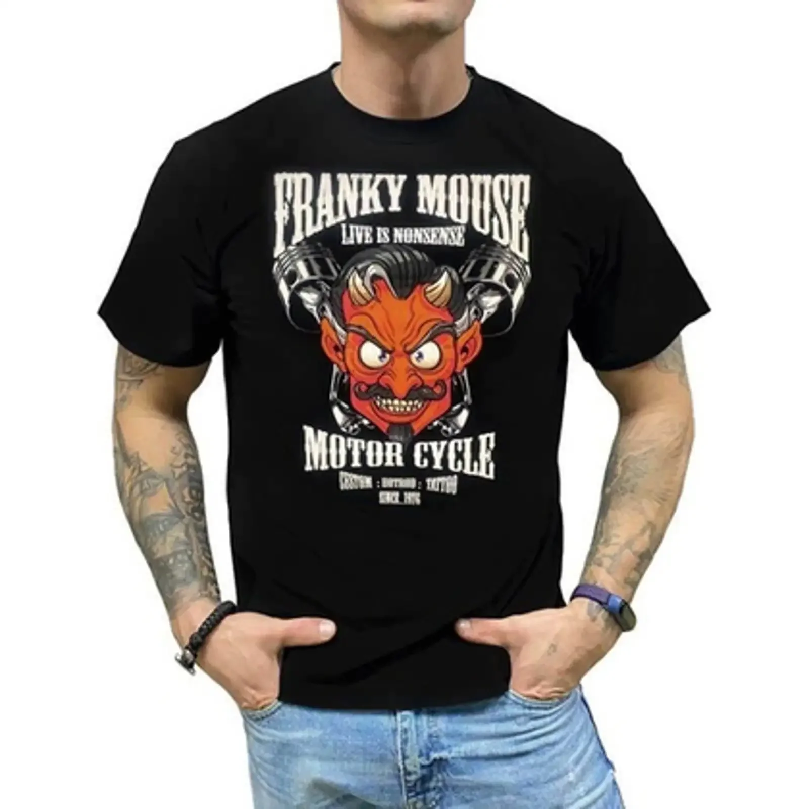 Футболка Franky Mouse Live nonsense Motorсycle черт и поршни S черный vintage Washed homme Slightly graphic Stretched Soft
