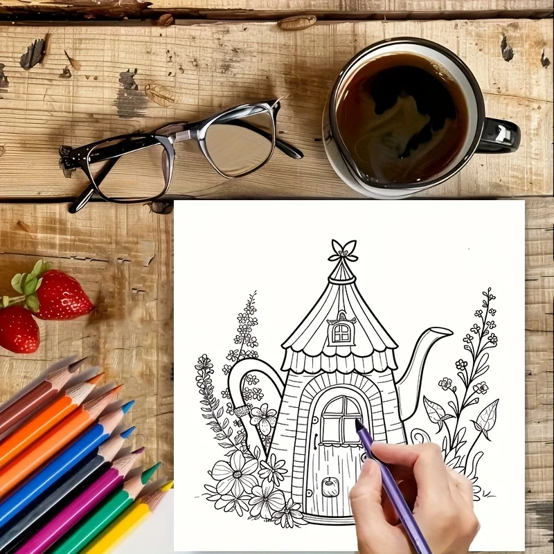 Libro para colorear de tetera con tema floral de ensueño de 28 páginas, libro para colorear para reducción de estrés para adultos |   Libro para colorear