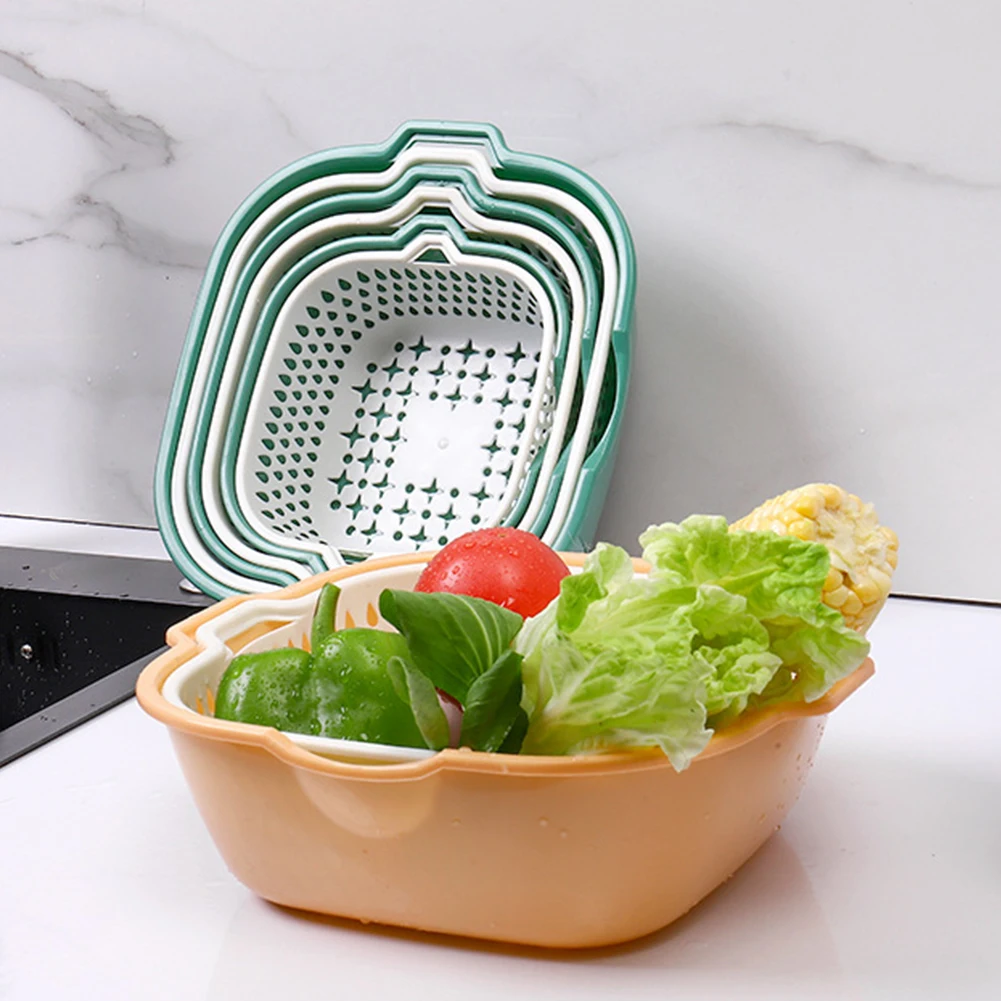 6pcs/Set Kitchen Double Layer Drain Basket Washing Storage Basket Strainers Bowls Removable Drainer Vegetable Cleaning Tool