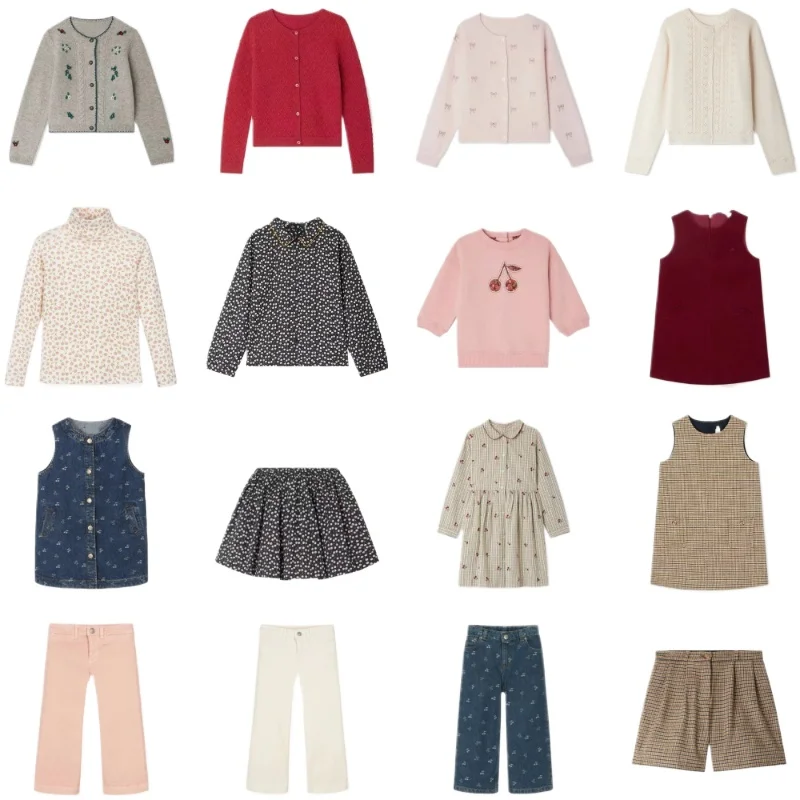 

Детский комплект свитера 25 AW, новый стиль, джинсовое платье без рукавов с вишневым принтом для девочек, длинные штаны, рубашка с принтом, юбка, вязаный кардиган