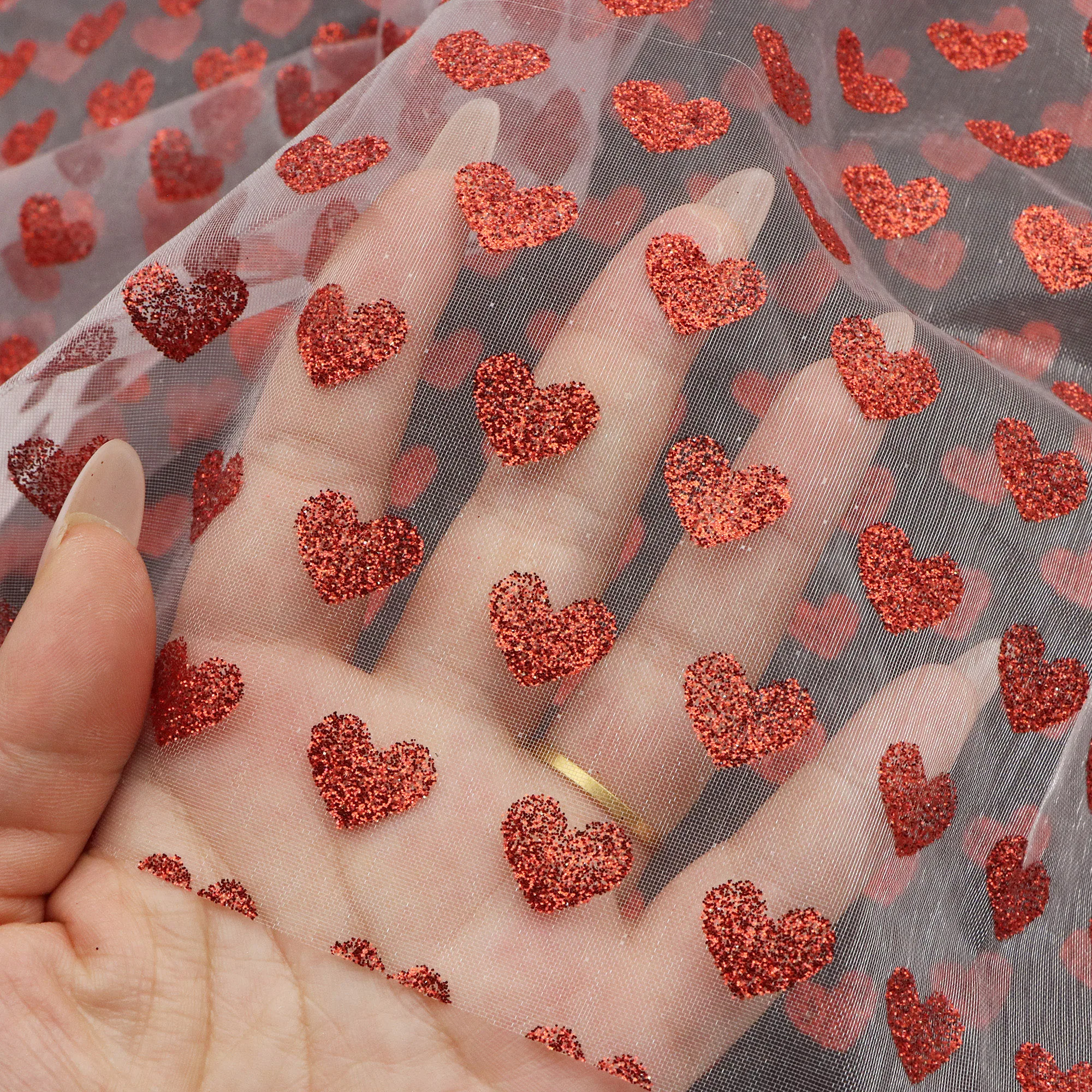 Pre-cut Valentine'S Day Glitter Heart Printed Organza Fabric, Heart Pattern 100% Polyester, Precuts, Hand Wash Only,