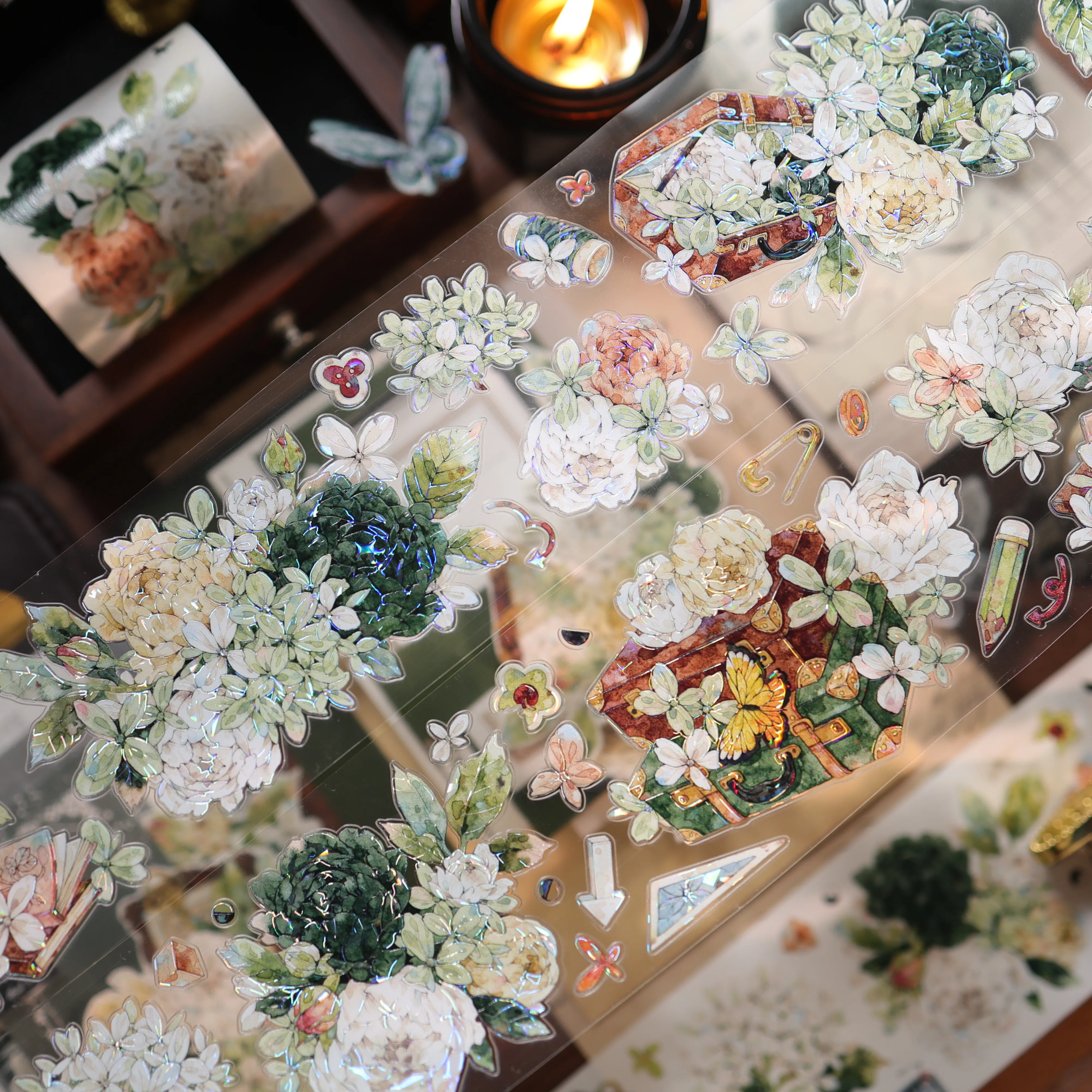 Yier Original Flower Box Die Cut Light Vintage Green Big Flower PET Washi Tape Sticker Journal Scrapbooking Hand Account