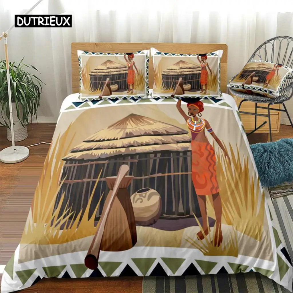 

African Woman King Queen Duvet Cover Retro Exotic Tribal Black Girl Pattern Bedding Set Africa Polyester Quilt Cover Pillowcase