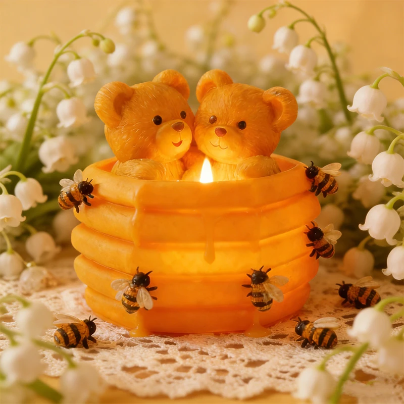 

3D Twin Bears Silicone Honeycomb Bee Mold Embossed Design for Scented Candle Resin Soap Craft Autumn Gift Home Ornament