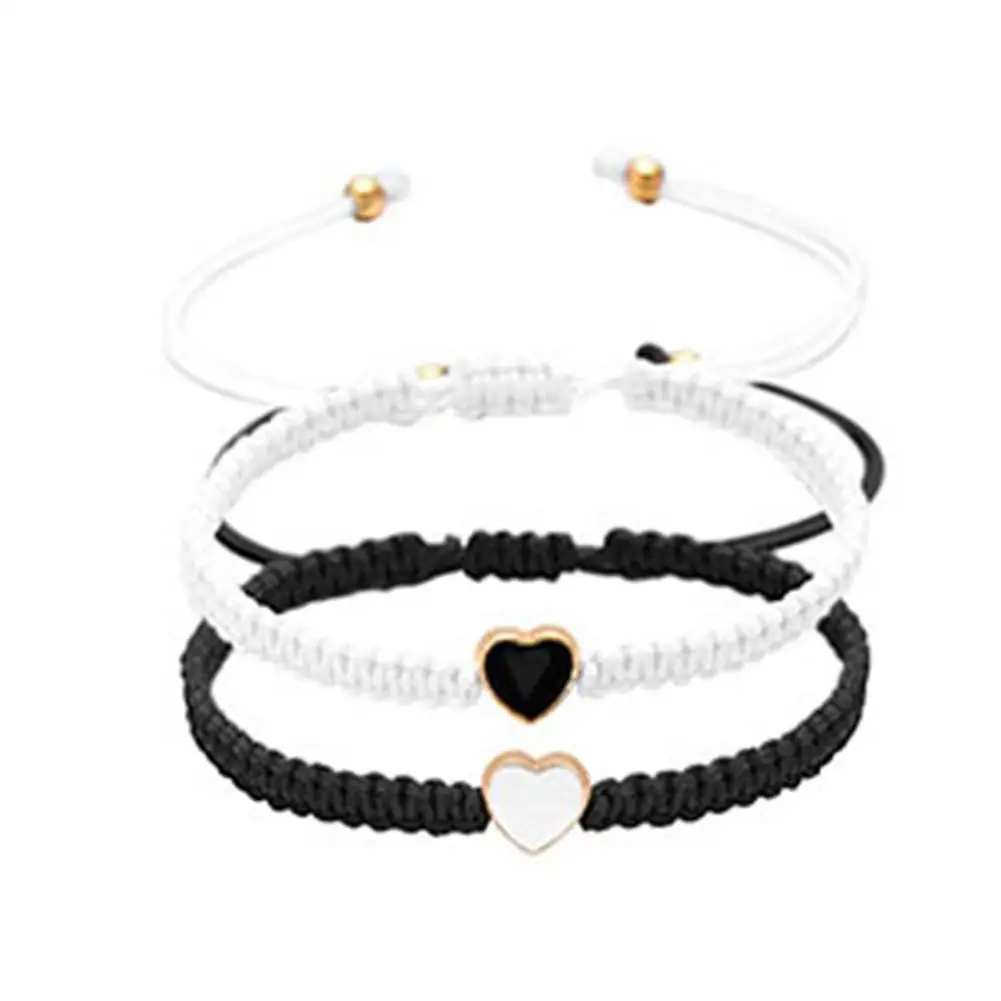 2Pcs Woven Bracelet Heart Love Couple Braided Bracelet Black White Heart-Shaped Beaded Personalized Jewelry Accessories