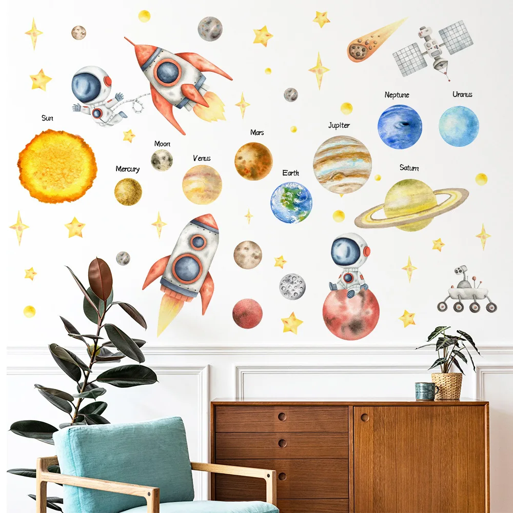 Cartoon Space Galaxy Rocket Wall Stickers Outer Space Astronauts Wall Decoration Stickers Planet Star