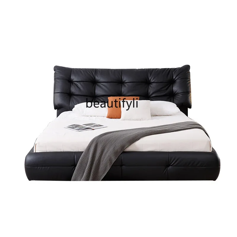 

Italian minimalist big black cow leather bed black lazy wind high-end soft bag master bedroom