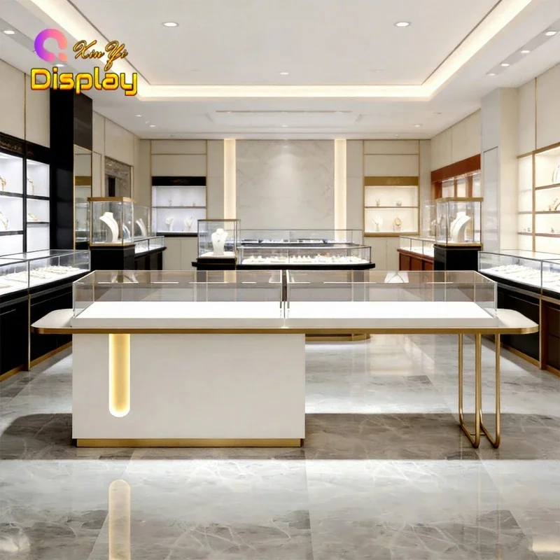custom.Modern Rectangular MDF Jewelry Display Cabinet LED Frame Lighting Security Lock Eco-Friendly Heavy Duty High-end Reta