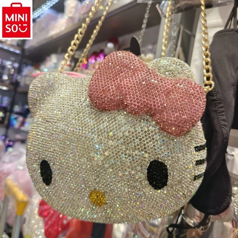 MINISO 2024 Fashion New Handmade Diamond Cartoon Hello Kitty Mickey Multi functional Diagonal Cross Bag Women's Cute Chain Bag