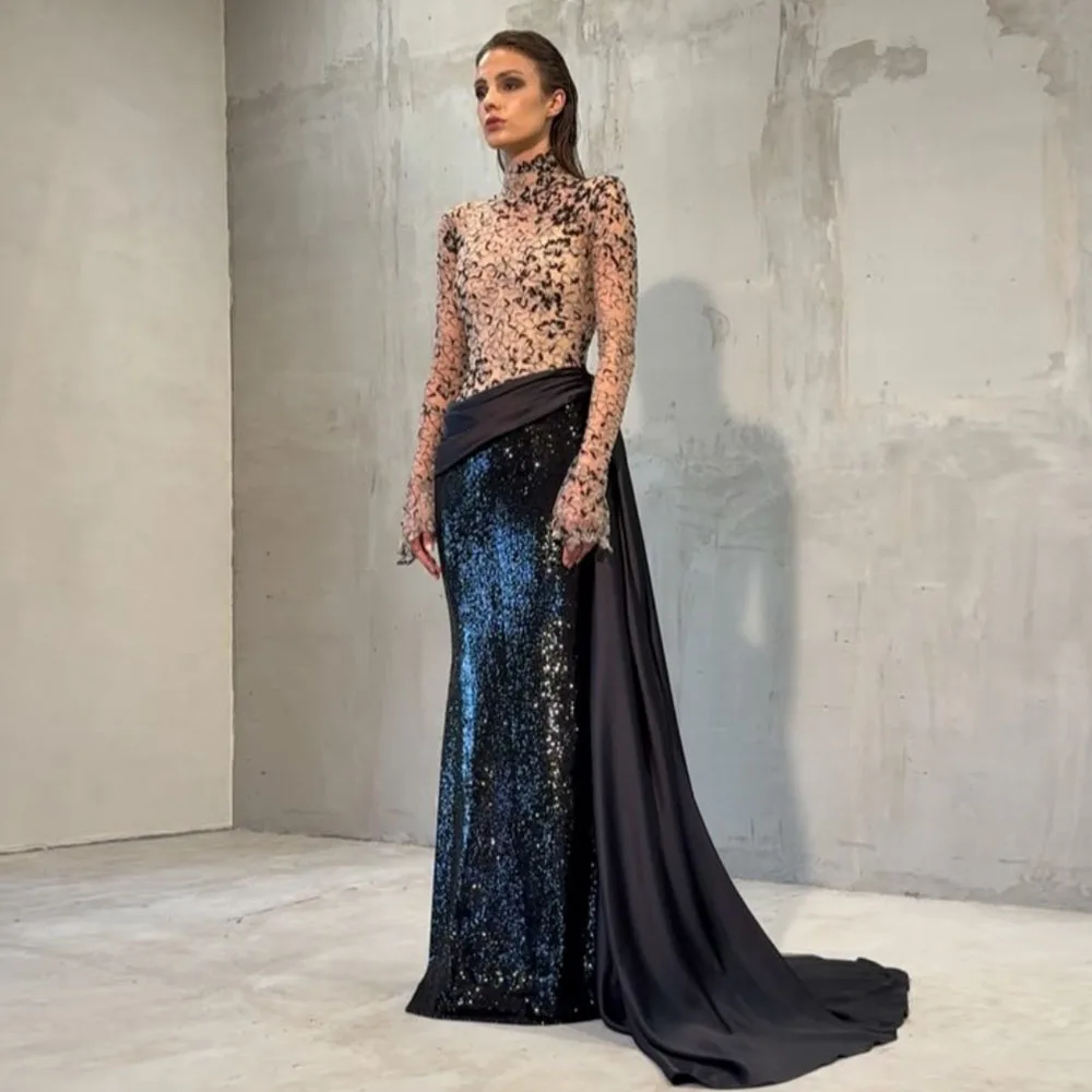 

Sparkling Sequin Mermaid Evening Gown High Neck Long Sleeve Lace Top Black Blue Glitter Prom Dress Sexy Backless Design Ever Pre