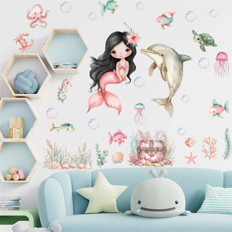 Cartoon Fish Sealife Dolphin Mermaid Wall Stickers For Kids Room Bathroom Decoration Ocean Mural Art Diy Home Decal Girls Poster