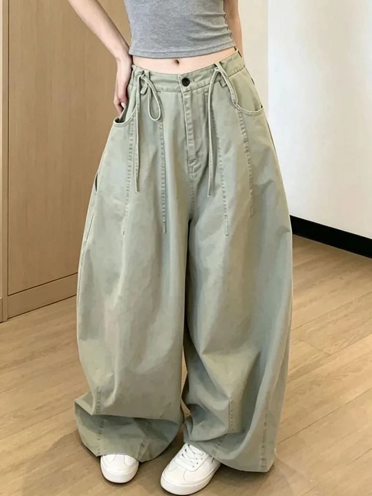 Vintage Casual Cargo Jeans Women Hottie Streetwear Wide Leg Denim Pants High Waist Lace Up Loose Harajuku Female Straight Pants