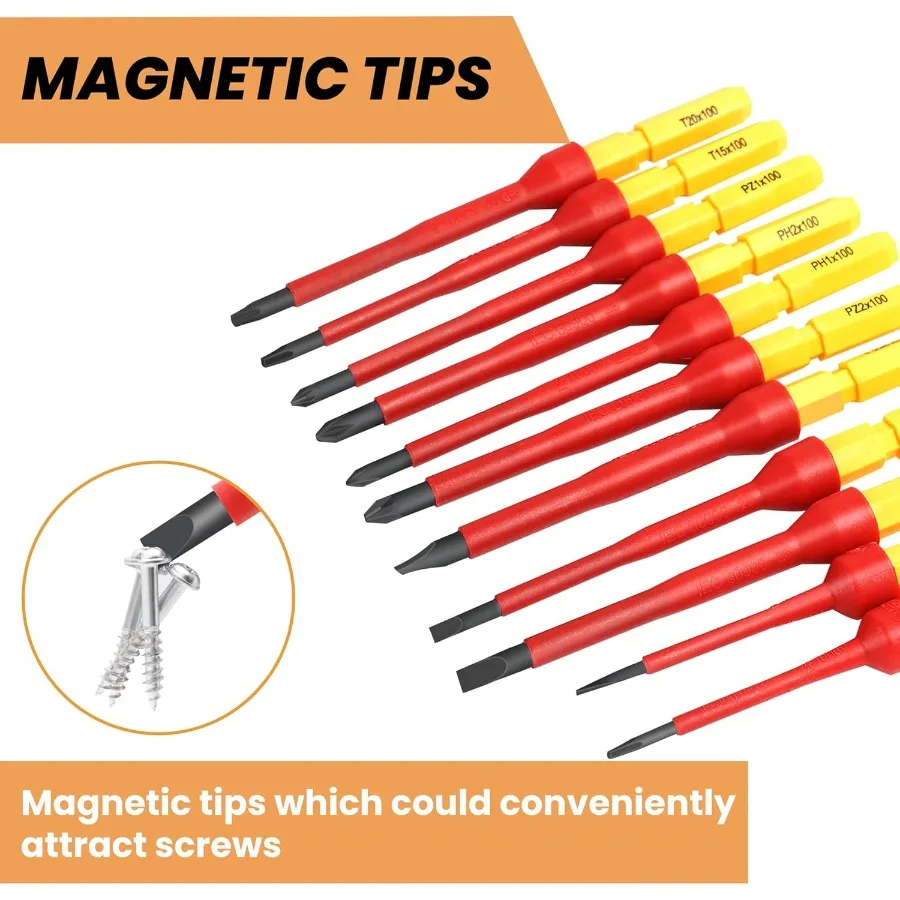 13-częściowy zestaw wysokiej jakości śrubokrętów izolowanych CRV z ochroną 1000V, zawiera końcówki Phillips, płaskie, Pozidriv i Torx do wysokich napięć.