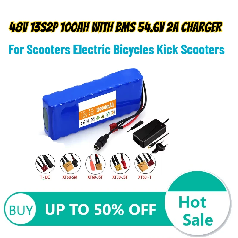 48V 13S2P 100Ah Lithium Battery with BMS 54.6V 2A Charger for Scooters Electric Bicycles Kick Scooters Rechargeable Battery