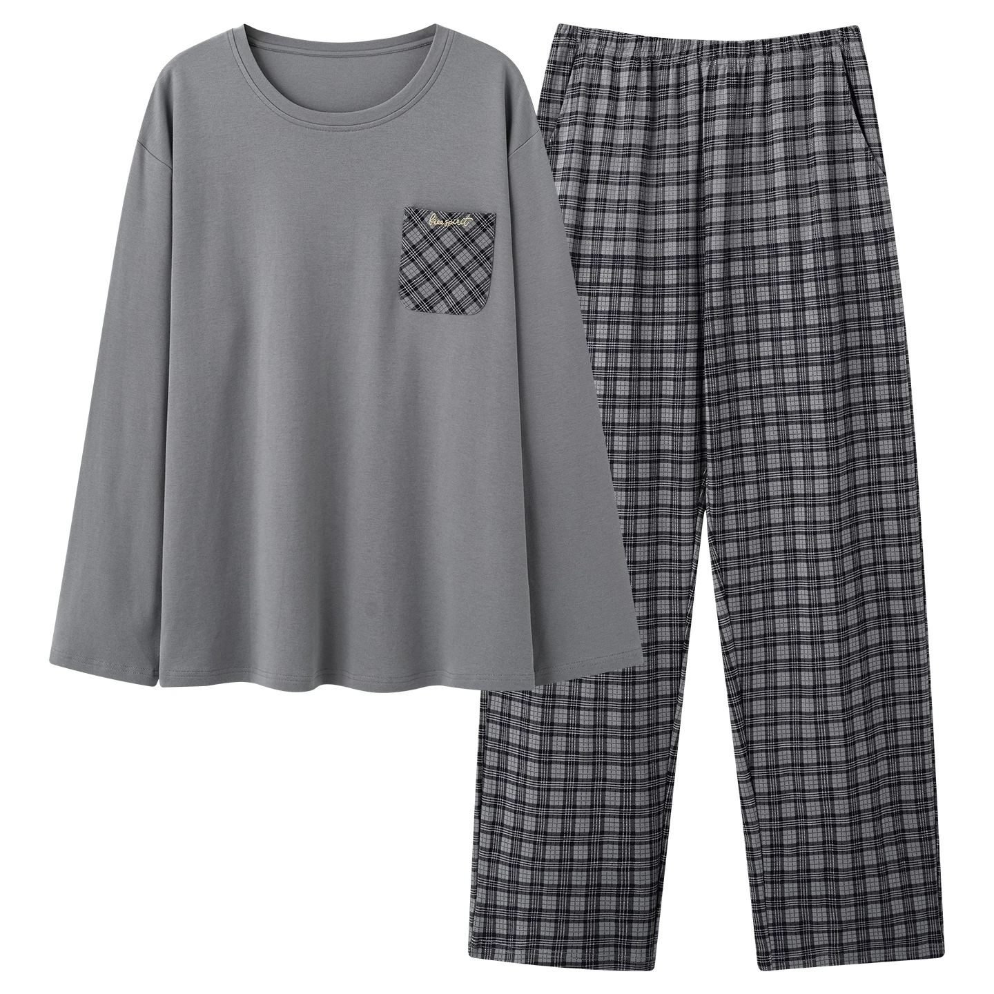 

L-3XL men's long sleeved plaid pants pajamas pure cotton round neck pullover men's pajamas casual and can be worn externally