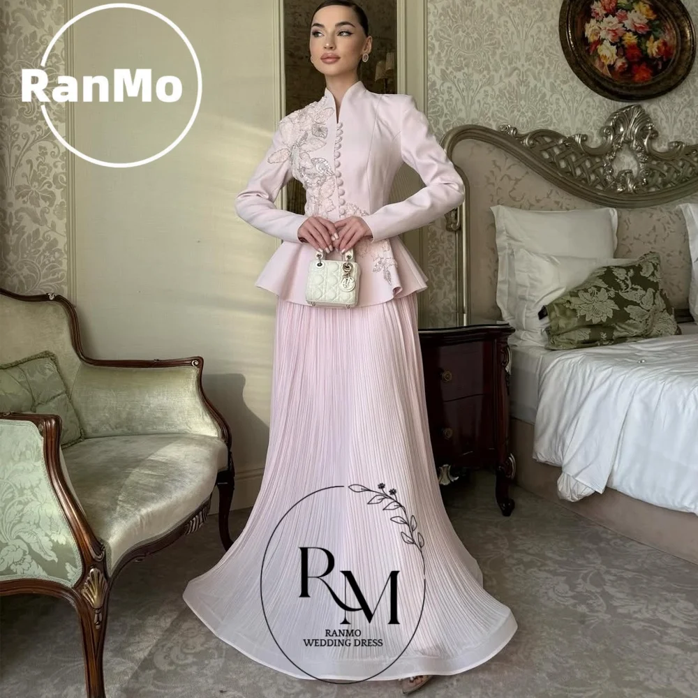 Ranmo Customized Luxury Prom Dresses for Women 2 Pieces Long Sleeves Modern Evening Gowns Long Pleated Buttons Applique Party