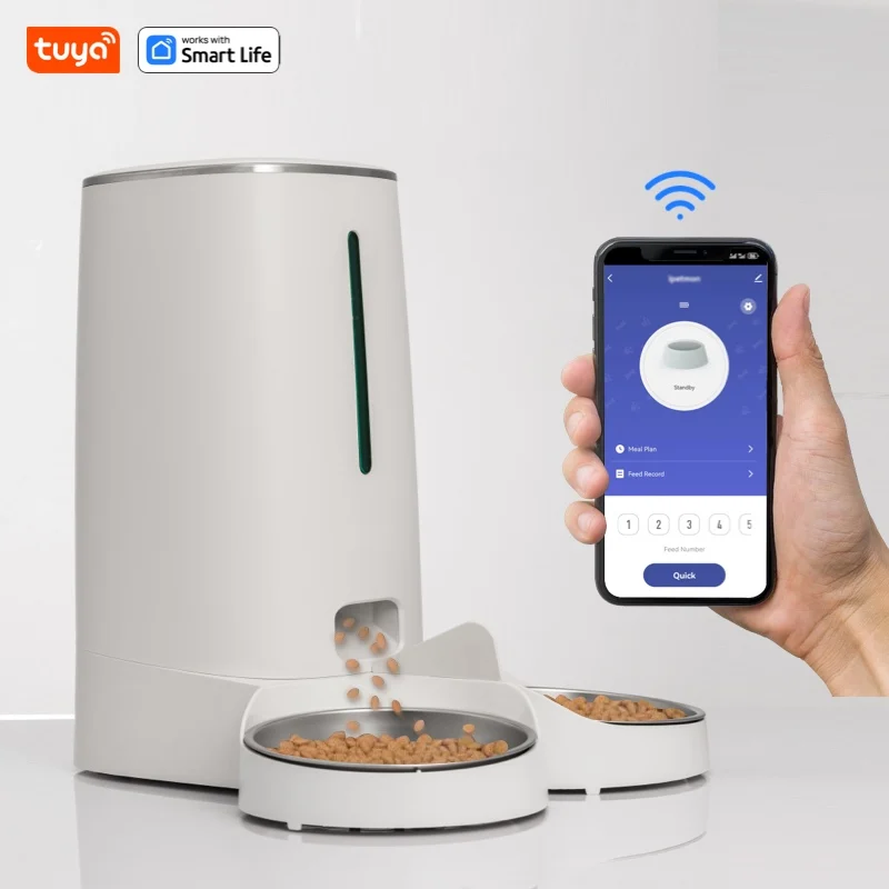 WiFi Automatic Cat Feeders for 2 Cats, 4L Cat Food Dispenser with APP Control, Double Stainless Steel Bowls, Low Food Alarms